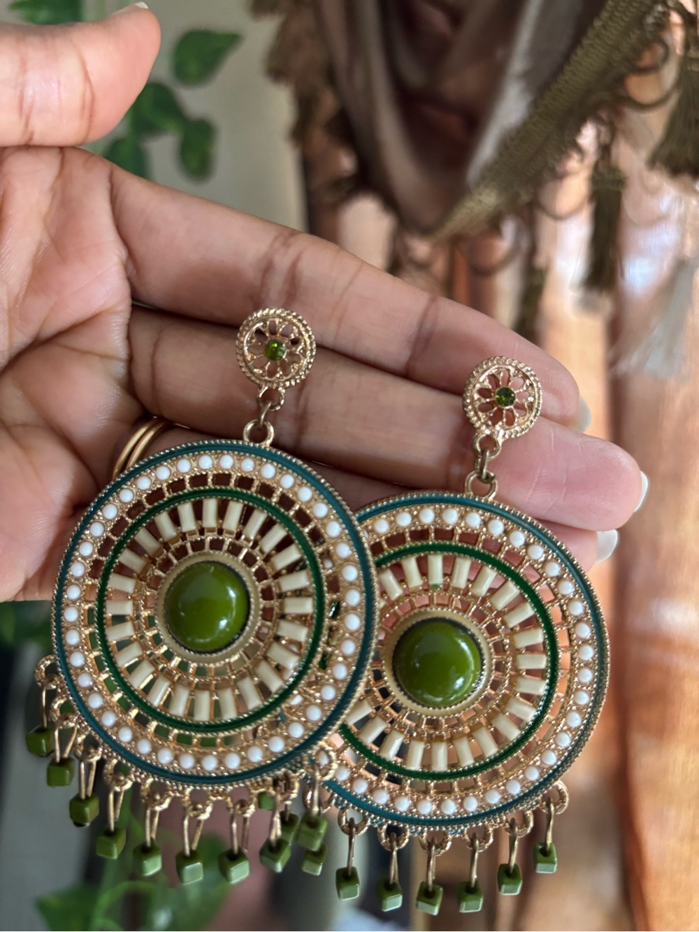 Boho Green Statement Drop Earrings - Gold Tone